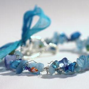 Aqua Blue Summer Sea Bracelet, Stone Chips, Shell..
