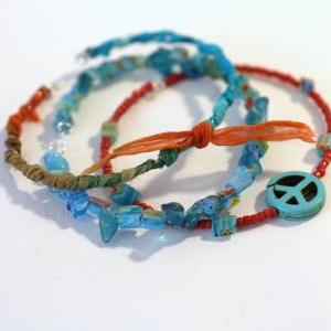 Turquoise Peace Sign Friendship Bracelet, Stack..