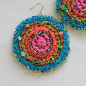 Mandala Earrings, Hand Crochet Cotton In Rainbow..