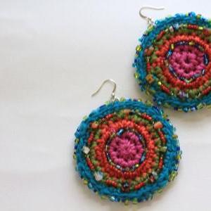 Mandala Earrings, Hand Crochet Cotton In Rainbow..