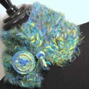Womens Scarf, Cowl Neck, Peacock Colored Fuzzy..