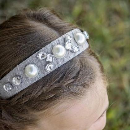 Jeweled Headband, Silvery Gray Headband, Pearl And..