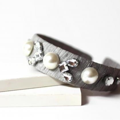 Jeweled Headband, Silvery Gray Headband, Pearl And..