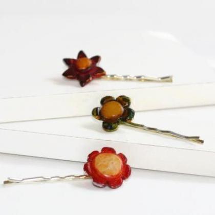 Mini Flower Bobby Pins, Set Of Three Pins, Fall..