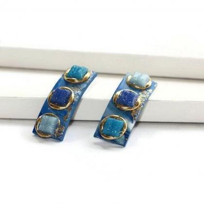 Blue Hair Clips with Glass Tiles, M..