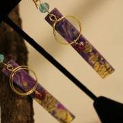 Purple Marble, Gold Embossed, Amethyst and Crystal Earring, Brass Wire Wrap
