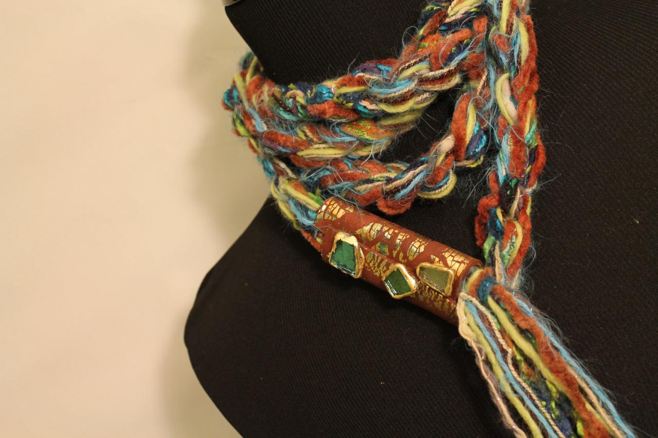 Clay - Womens Twisted Scarf, Marbled Clay Gold Embossed Clasp, 54", 24" Or 18" Neck Wrap