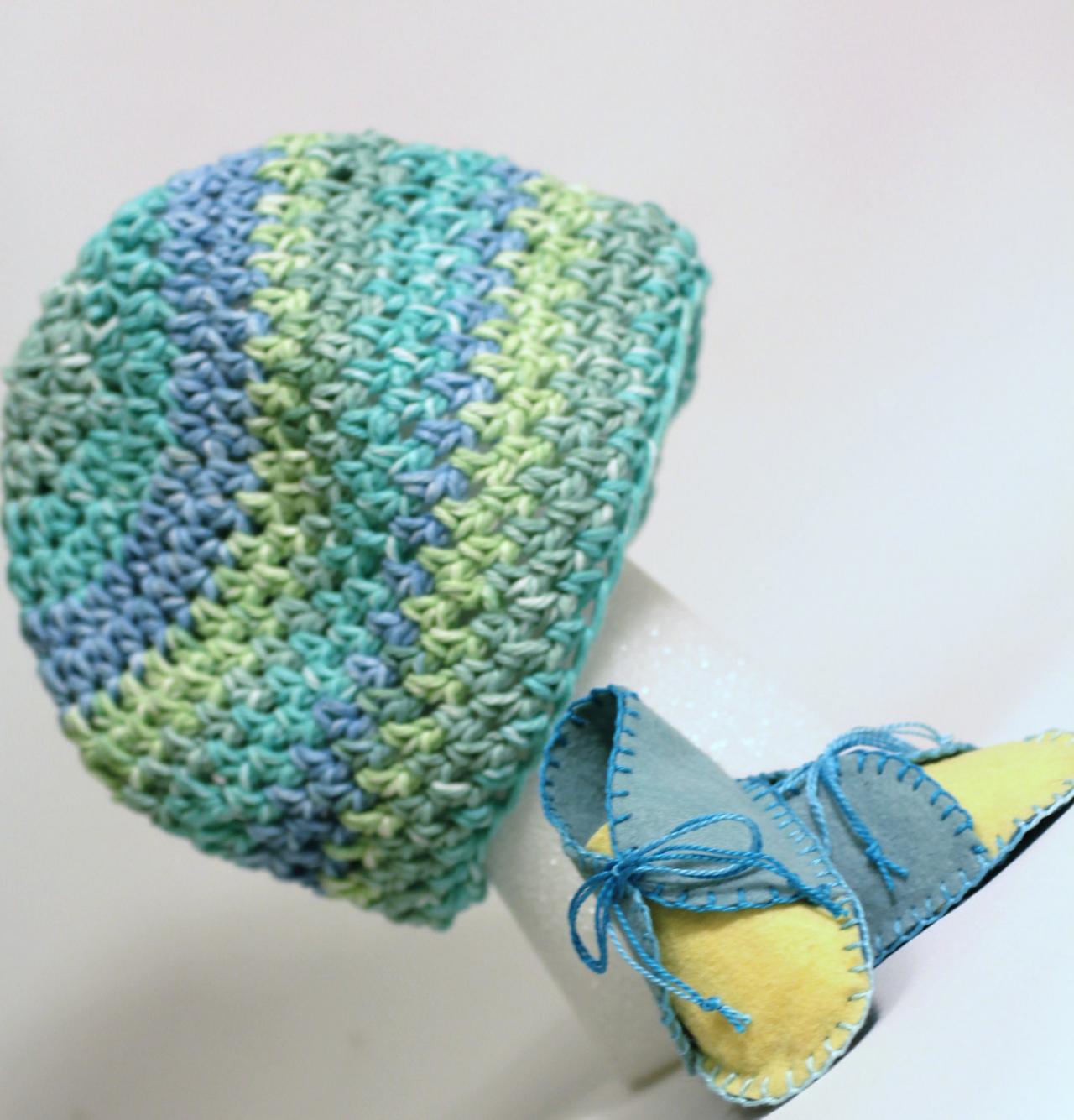 Adorable Baby Booties And Beanie Set, Set For Boys, Soft Blues, Greens, Yellows