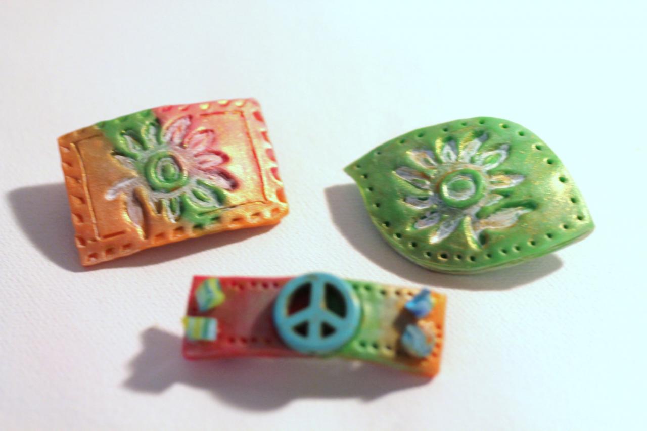Hair Clips, Festival Style Hippy Style Bitsy Barrettes, 3 Polymer Clay Barrettes, Sun-kissed, Peace Sign, Boho Barrettes