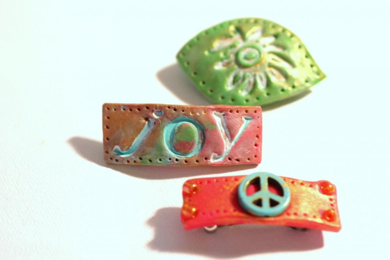 Hair Accessories, Hippy Style Bitsy Barrettes, 3 Polymer Clay Barrettes, Sun-kissed, Peace Sign, Boho Barrettes