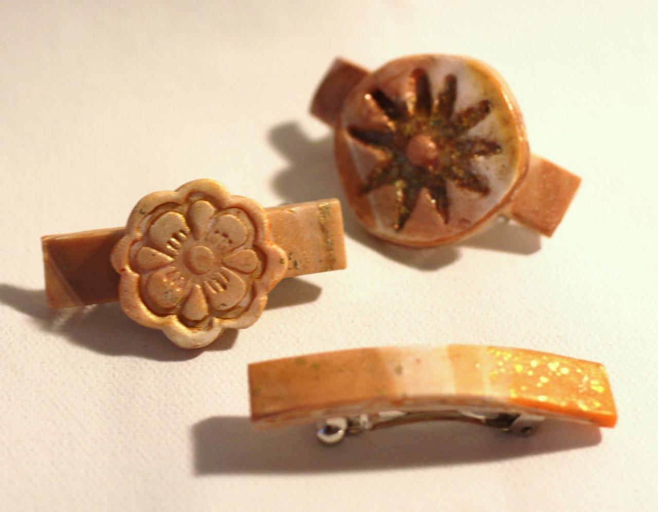 Womens Hair Clips, Bitsy Barrettes, 3 Polymer Clay Barrettes, Sun-Kissed with Shimmery Gold Wash, Beach colors