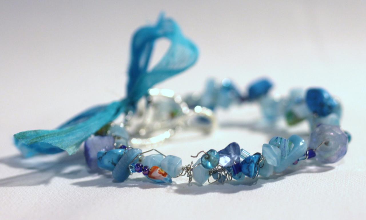 Aqua Blue Summer Sea Bracelet, Stone Chips, Shell Beads, Wire Wrap, Arm Candy, Bangle, Stack Bracelet