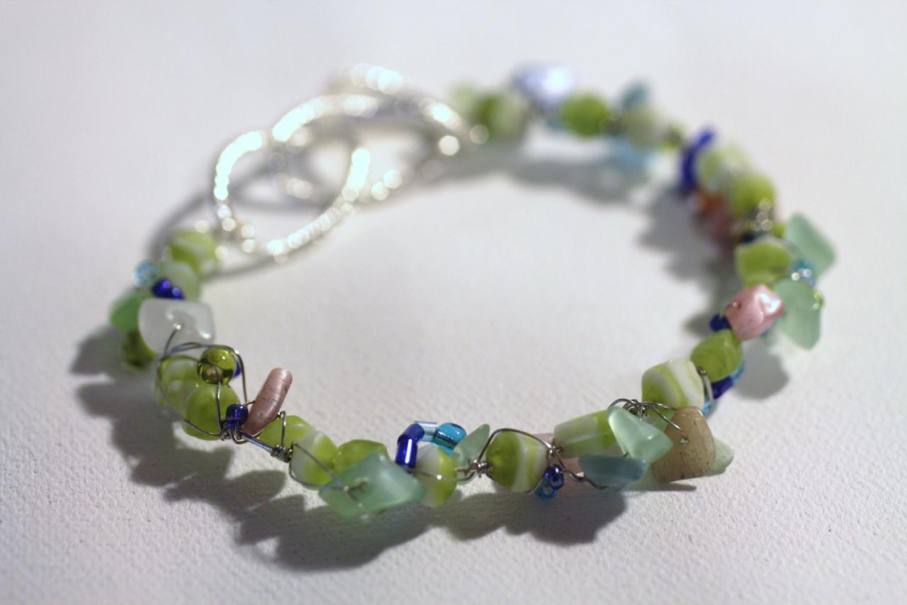 Sea Green Summer Bracelet, Stone Chips, Shell Beads, Wire Wrap, Arm Candy, Bangle, Stack Bracelet