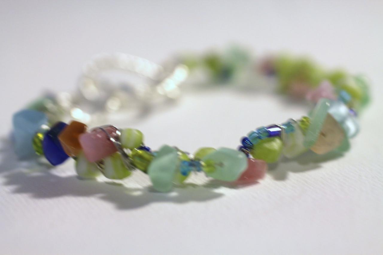 Sea Green Summer Bracelet Stone Chips Shell Beads Wire Wrap Arm