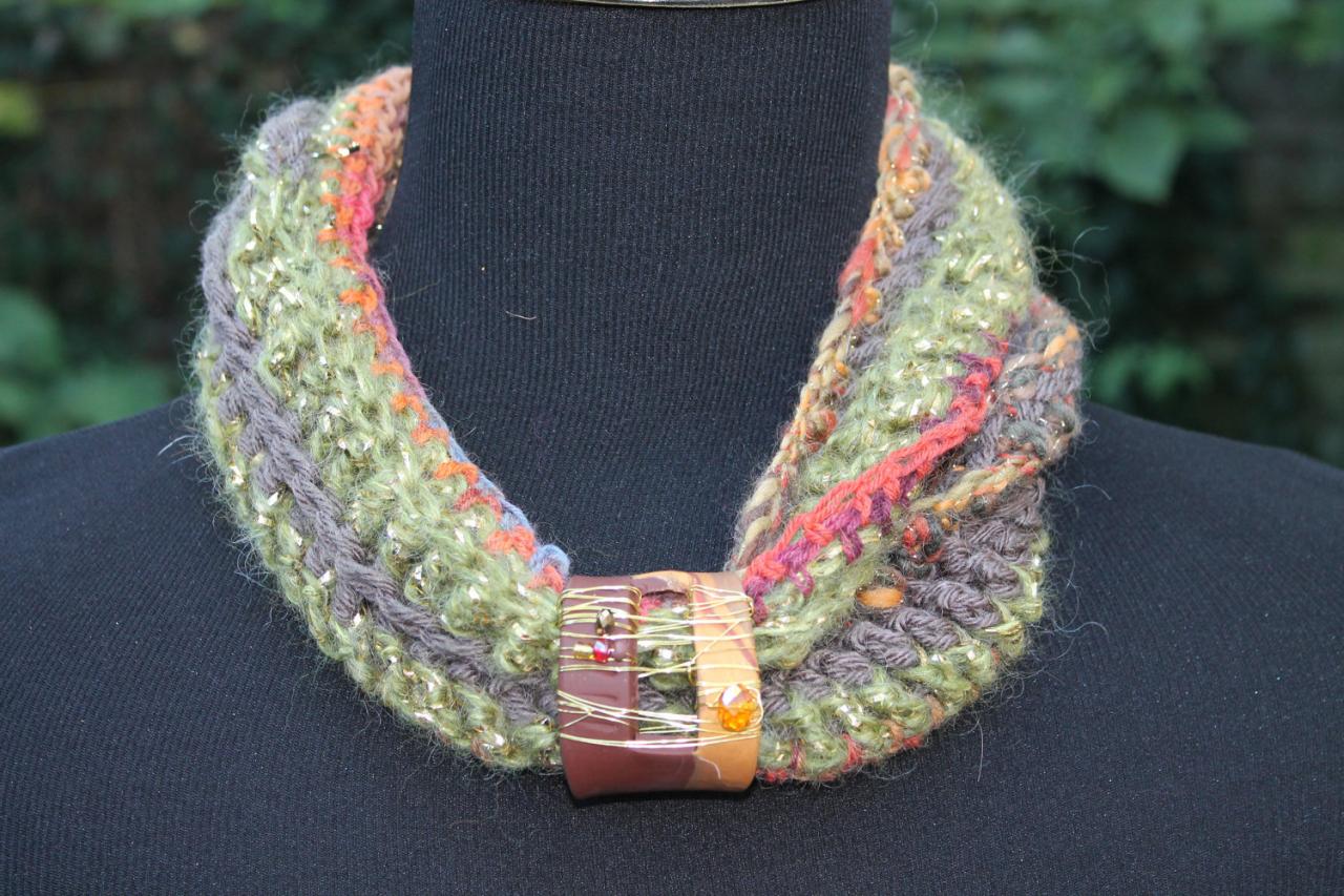 Infinity Neck Wrap, Scarf, Scarflette, Cowl Neck, Crochet With Jewelry Clasp, Wire Wrapping, Beads And Polymer Clay