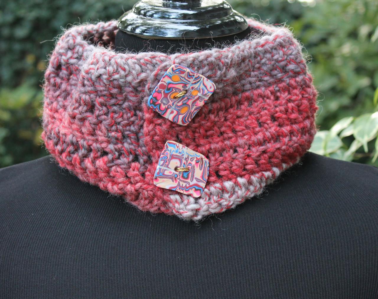 Strawberry Parfait - 20" Cowl Neck Warmer With Handmade Buttons, Can Be Worn 2 Ways, Natural Wool