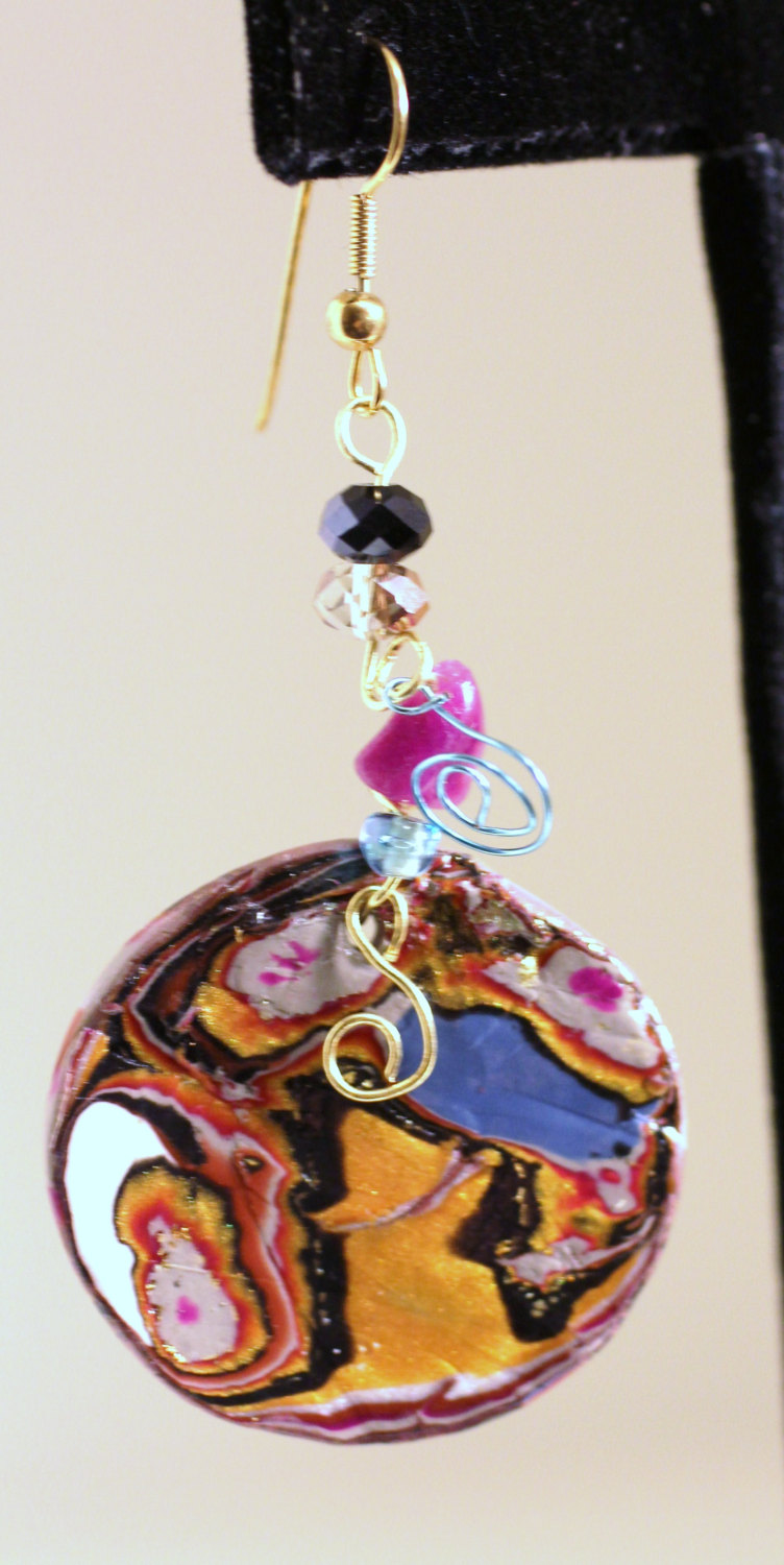 Earrings, Jewelry, Multi Color Marble, Gold Embossed, Aquamarine, Topaz And Amethyst Crystal Earring, Brass Wire Wrap