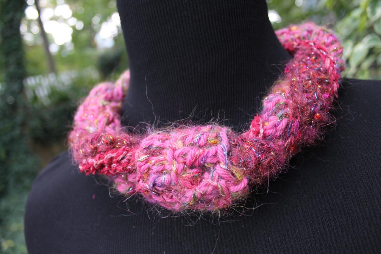 Rosey - 21" Knotted Neck Wrap, Mixed Fibers Of Wool, Acrylic, Cotton, Silk And Chenille