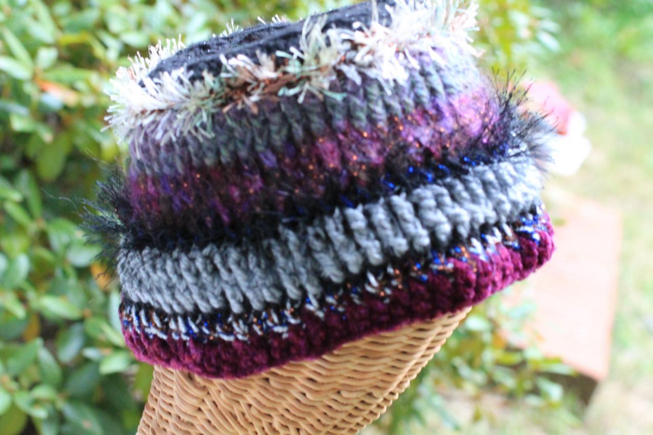 Womens Crochet Hat, Multi Fiber Cloche Style Hat, Chenille, Linen, Silk, Eyelash Fibers, Striped Hat