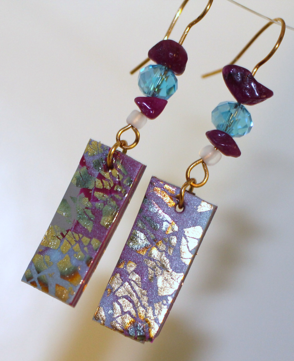 Purple Marble, Gold Embossed, Aquamarine And Amethyst Crystal Earring, Brass Wire Wrap