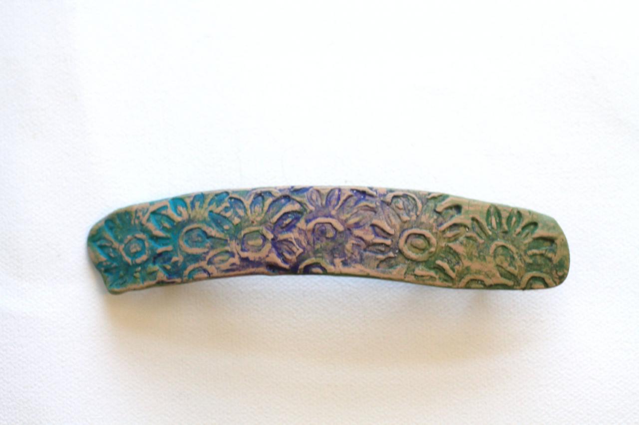 Barrette, Hair Clip, Hand Painted Barrette, Polymer Clay And Paint Rub-off, Boho, Hippie, Gypsy