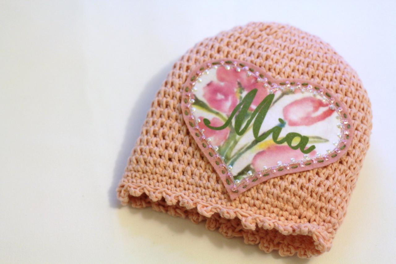Baby Beanie, Baby Hat, Toddler Hat, Girl's Shabby Chic Flower Heart Applique, Flower Patch, Personalized Baby Cloche, Baby Hat, 100% Organic Cotton Hand Crochet Indie Made Peach Lace