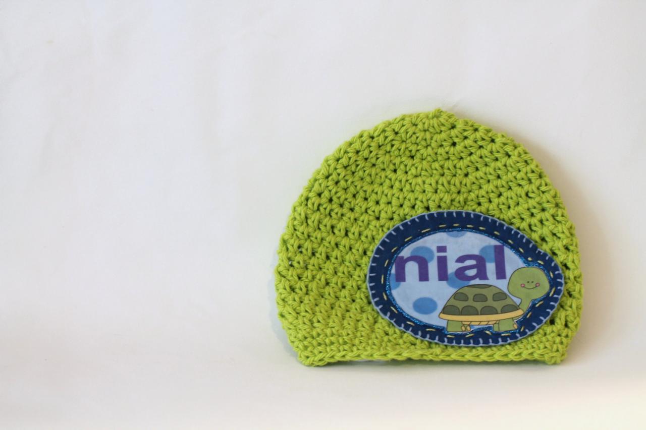 Baby Beanie, Personalized Baby Hat, Toddler Hat, Turtle Patch Personalized Baby Beanie, 100% Cotton Hand Crochet Indie Made Lime Green &