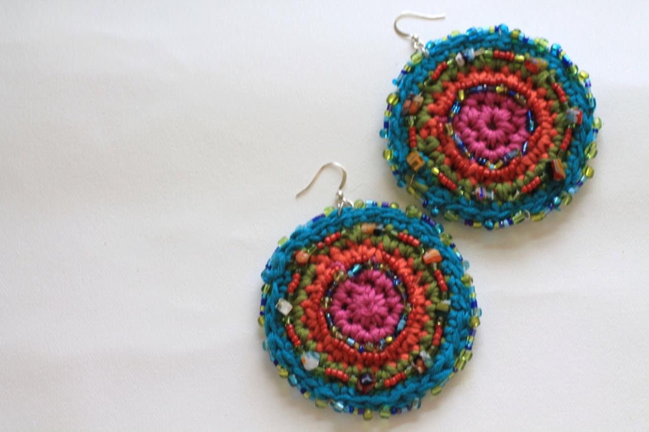 Mandala Earrings, Hand Crochet Cotton In Rainbow Colors, Hand Beaded, Drop Earring, Silk Felt Back