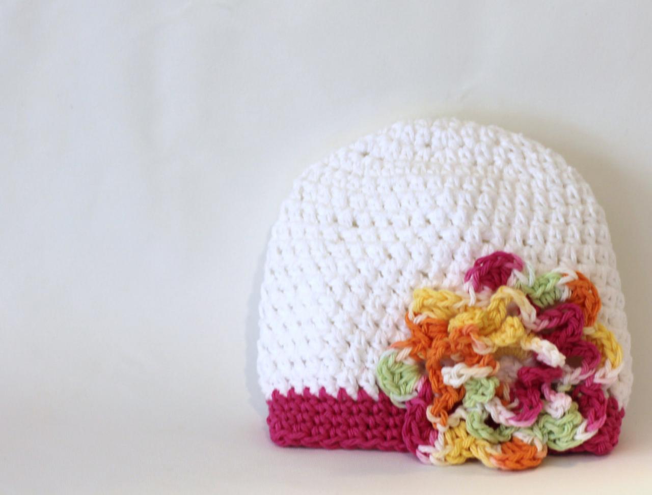 Childs Baby beanie, Rainbow Flower Baby Beanie, Cotton, Cool White with Brights for Summer Baby at the Beach