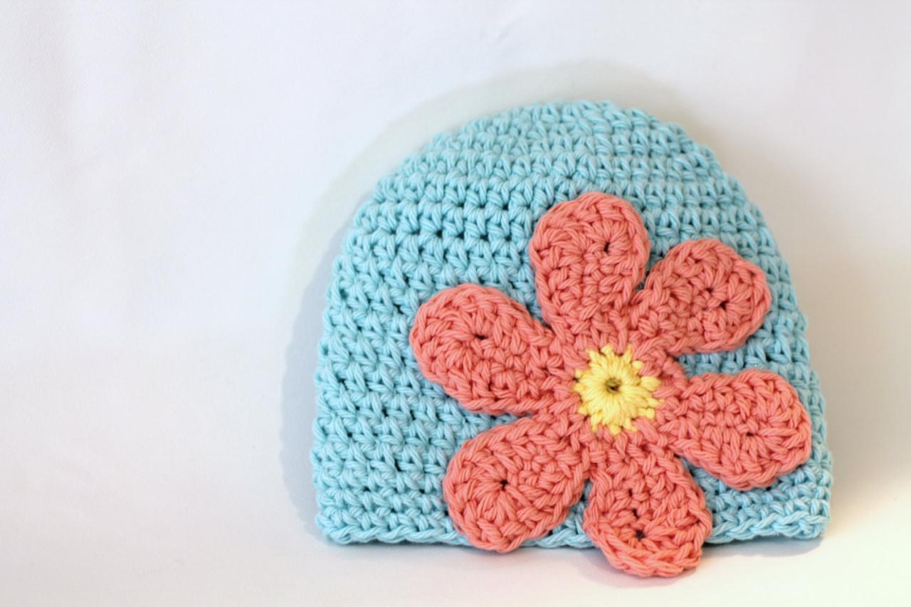 Flower Power Baby Beanie, 100% Cotton Hand Crochet Indie Made Aqua, Peach Hippie Chick Cloche