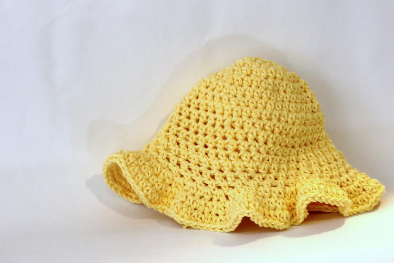 Girls Cotton Baby Sunhat, Crochet Hat With Ruffle Brim For The Sun, Personalized, Sunny Yellow