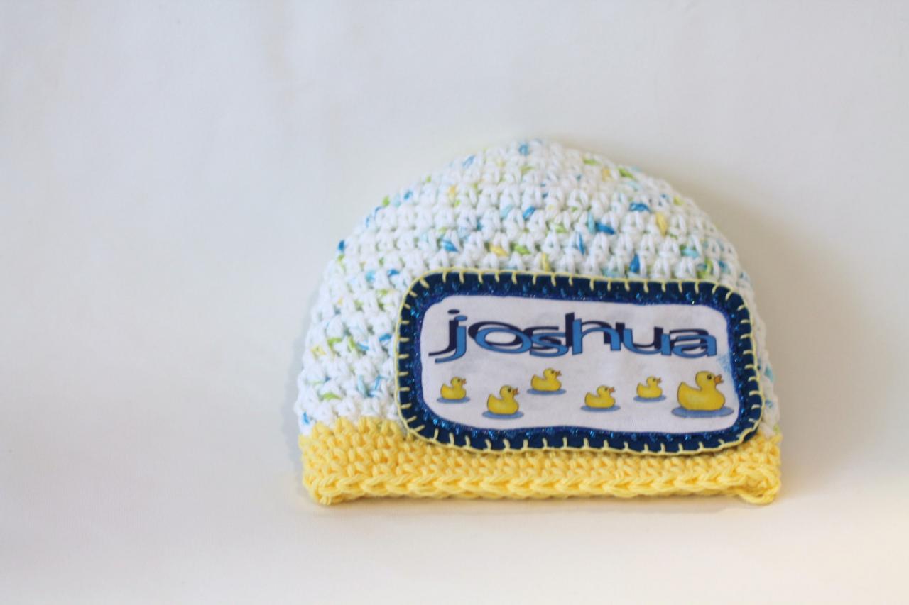Personalized Baby Beanie, 100% Cotton Hand Crochet With Baby Ducks Name Patch