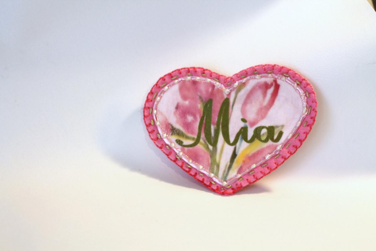 Pink Shabby Chic Flower Heart Applique Patch, Personalized Hand Embroidered, Painted Decorative Accessory for Jeans, t shirts, bags