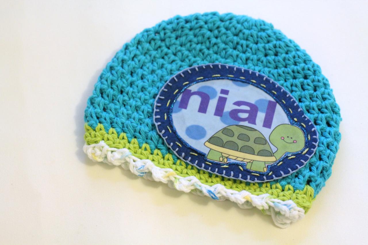 Baby Beanie, Personalized Baby Hat, Baby Gift, Turquoise Summer Baby turtle Personalized Baby Beanie, 100% Cotton Hand Crochet with Your Name