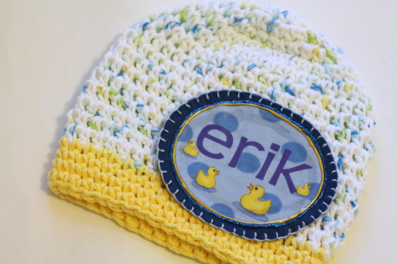 Baby Beanie, Personalized Baby Hat, Baby Gift, Baby ducks Personalized Baby Beanie, 100% Cotton Hand Crochet Indie Made White, Yellow