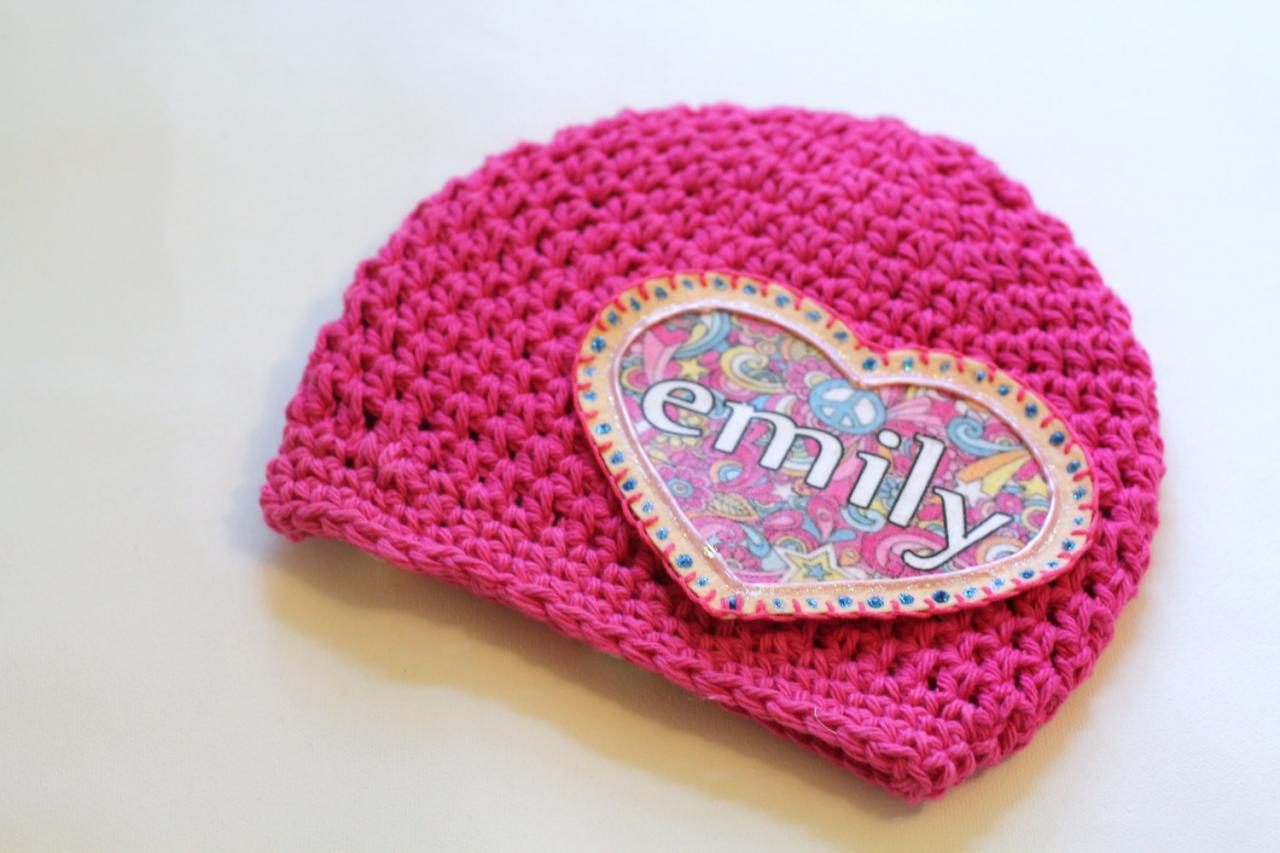 Baby Beanie, Personalized Baby Hat, Shabby Chic Flower Heart Applique, Personalized Baby Beanie, 100% Cotton Hand Crochet Indie Made Hot Pink & Black