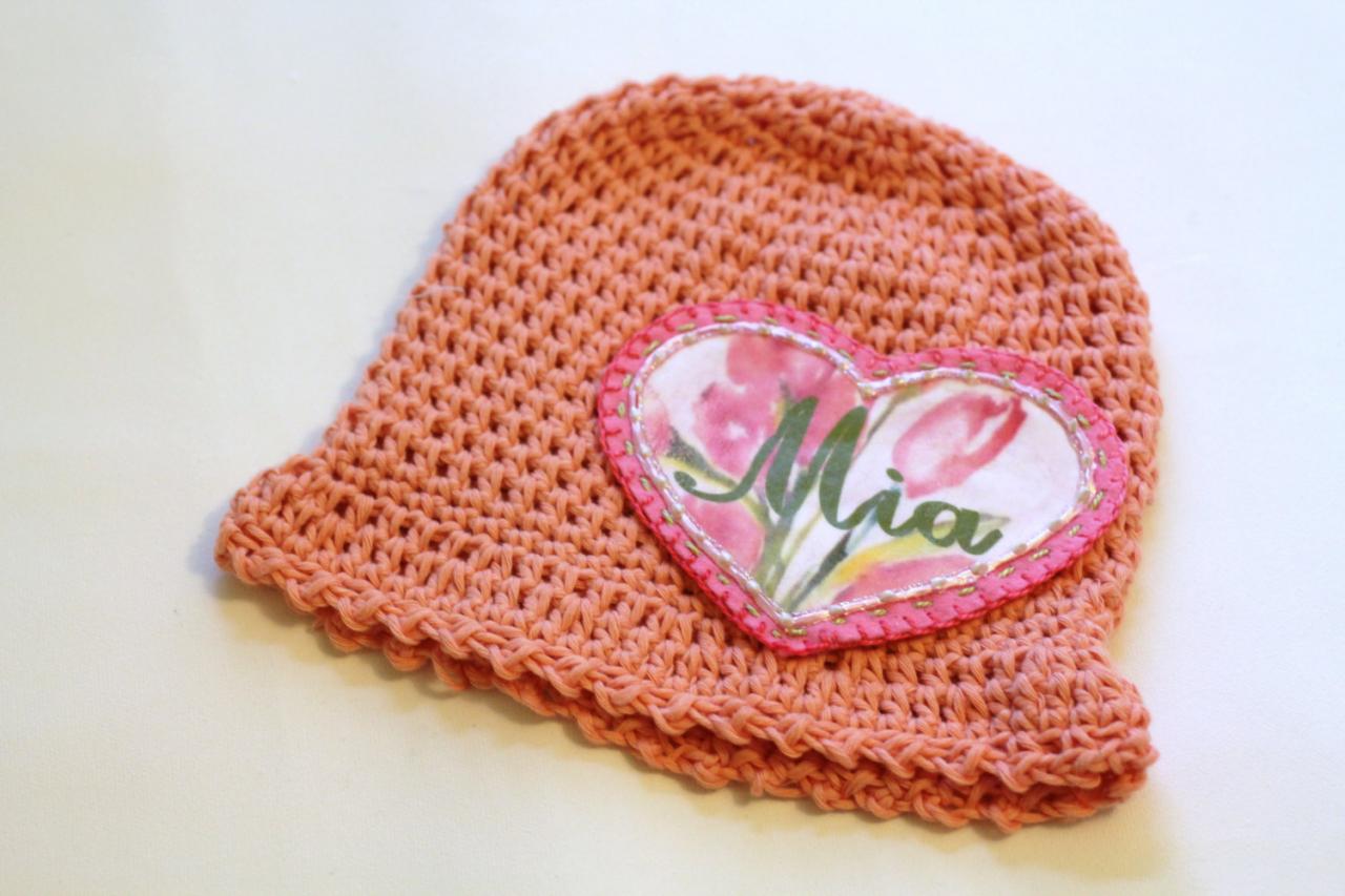 Baby Beanie, Organic Cotton baby hat, toddler hat, Shabby Chic Flower Heart Applique Patch, Personalized Baby Beanie, 100% Organic Cotton Hand Crochet Indie Made Peach Lace
