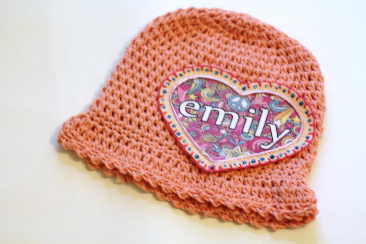 Personalized Baby Beanie, 100% Organic Cotton Hand Crochet with pink floral heart personalized name applique