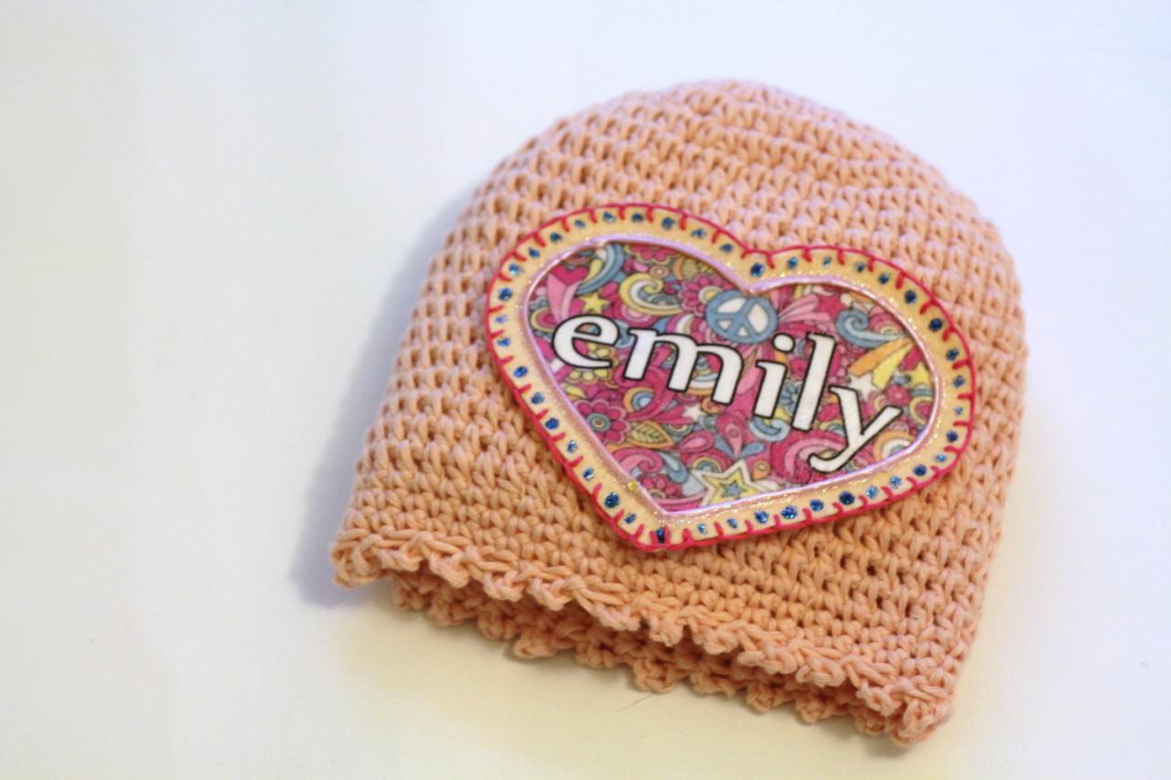 Personalized Baby Beanie, 100% Organic Cotton Hand Crochet Indie Made Peach Lace, Name Patch, Custom Name
