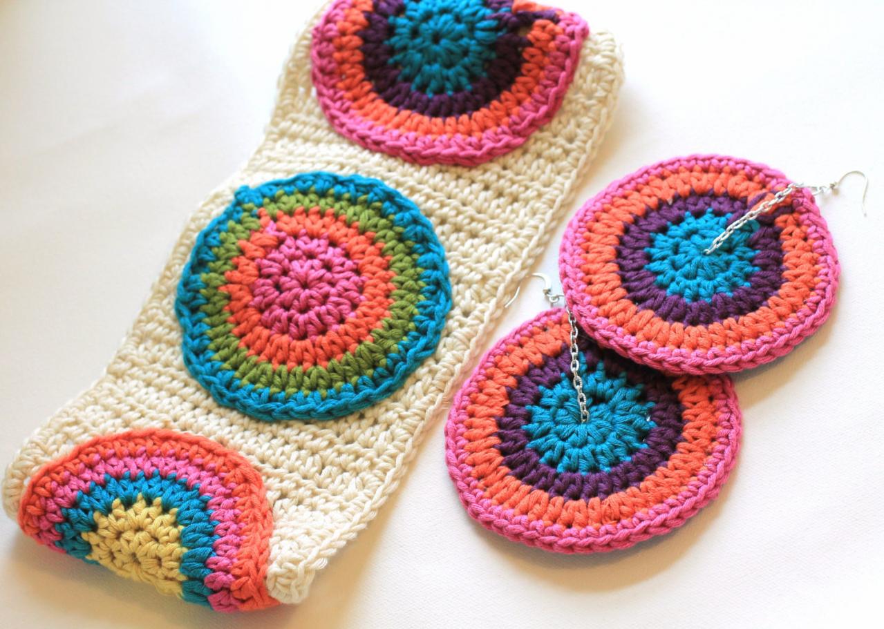 Celebrity Gift, Mandala Headband, Festival Style Hand Crochet Boho Headband, Rainbow Colors of Cotton Bamboo