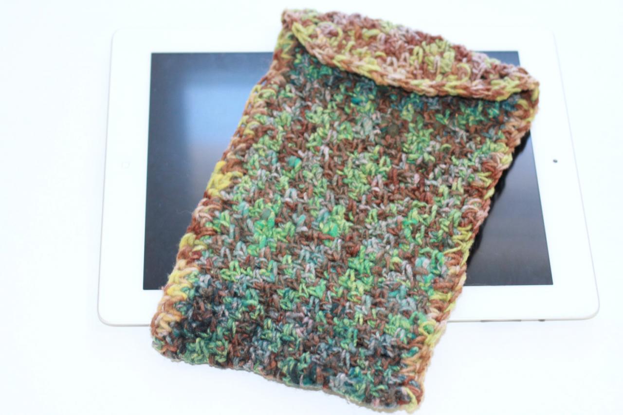 Kindle Case, Ipad Case, Crochet, Silk and Wool Japanese Fibers, Turquoise, Copper, Greens