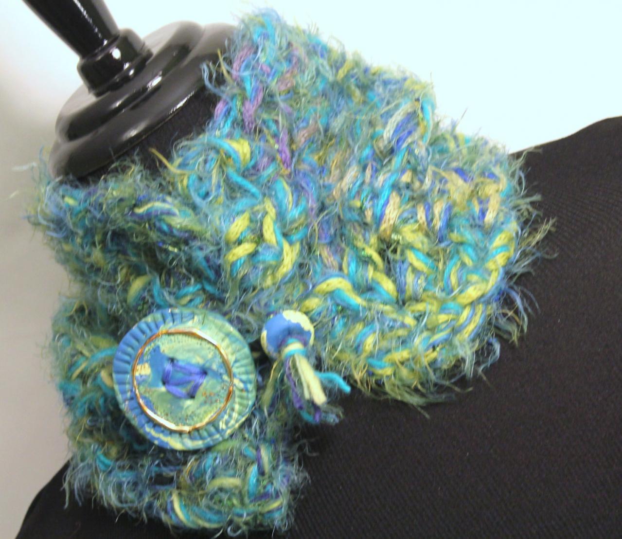 Womens Scarf, Cowl Neck, Peacock Colored Fuzzy Cowl Scarf, Custom Button With Gold Leaf, Warm, Soft And Chic Crochet From Art Fibers