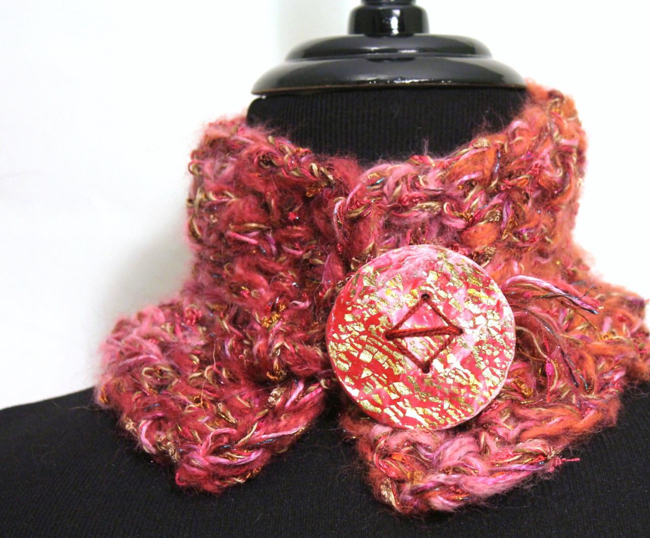 Womens Infinity Cowl Scarf, Silky Soft Pink Cowl Scarf, Womens Scarf Accessory, Rose Fibers With Polymer Button Gold Leaf