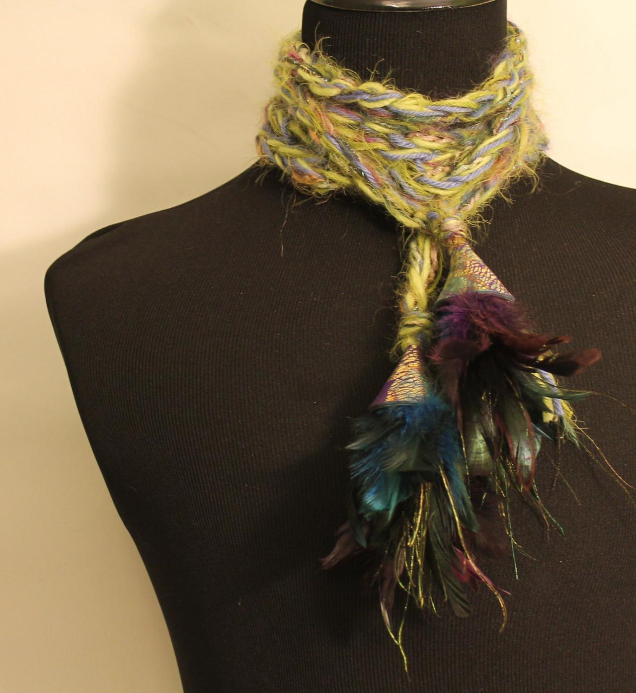 Womens Long Scarf Neck Wrap with Tassels and Jeweled Caps and Feathers, 126 inches Long