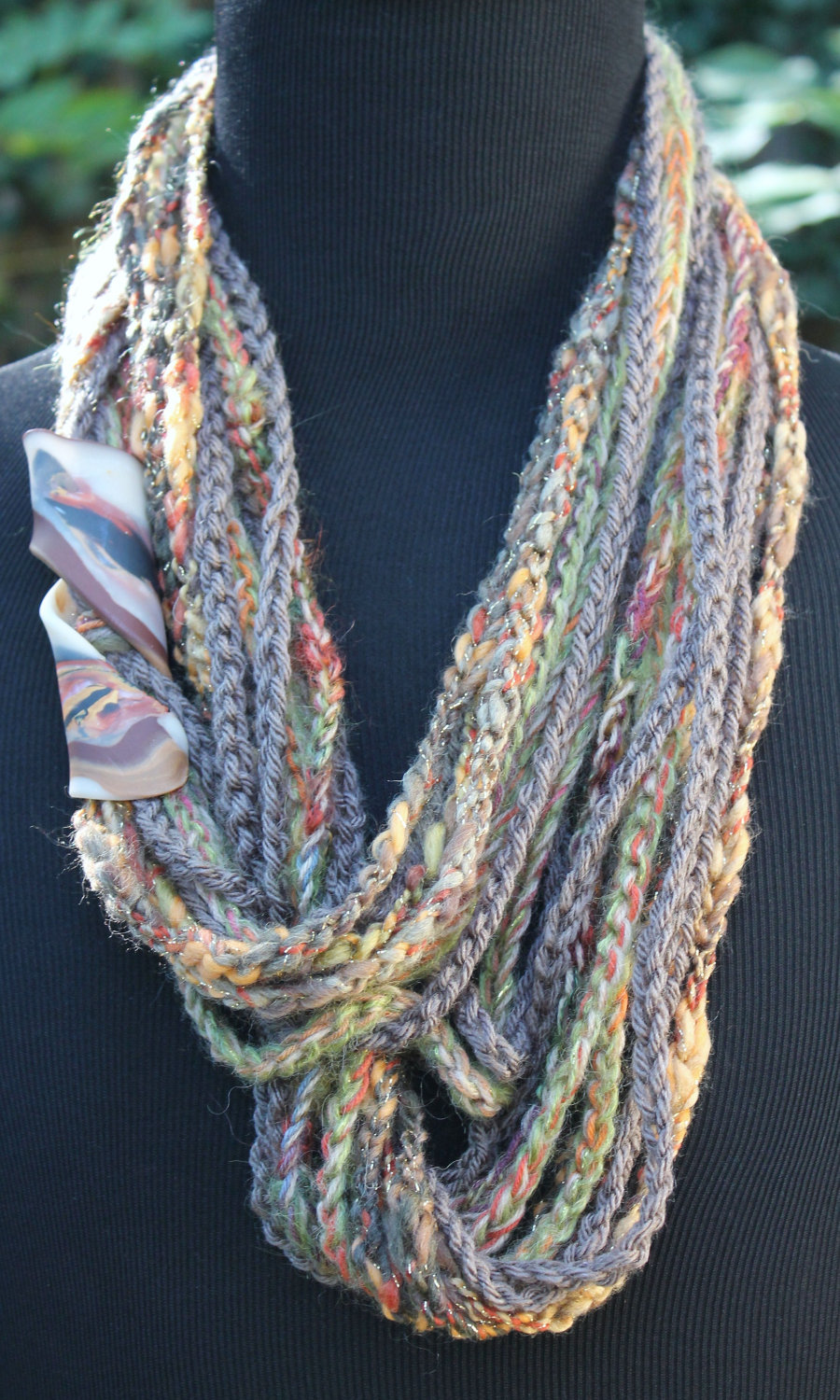 Infinity Scarf, Womens Scarf, Mixed Fiber Neck Wrap/twist, Can Be Worn 3 Ways, Marbled Clay Clasp