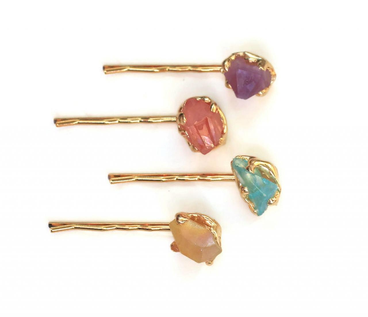 Chunky Stone Hair Pins, Colorful Natural Stone Chunk Bobby Pins, Healing Crystal Hair Pins