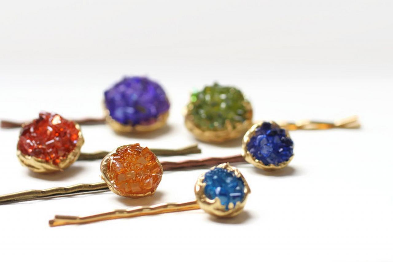 Crystal Hair Pins, Faux Druzy Colorful Bobby Pins, Sparkly Holiday Hair Jewels