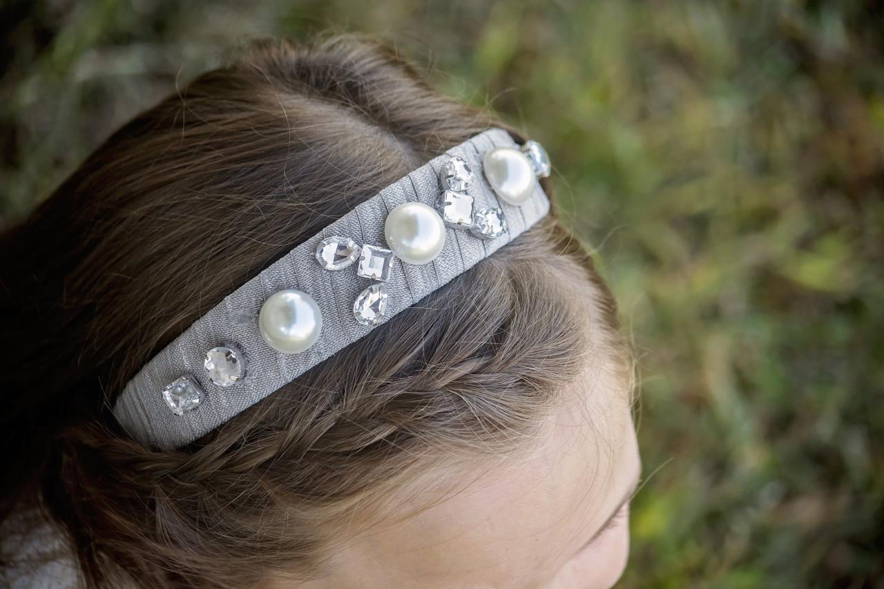 Jeweled Headband, Silvery Gray Headband, Pearl And Crystal Hair Accessory
