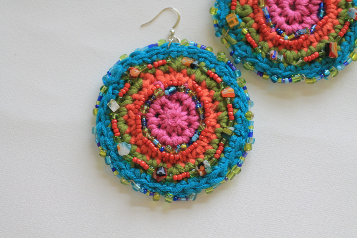 Mandala Earrings, Hand Crochet Cotton In Rainbow Colors, Hand Beaded