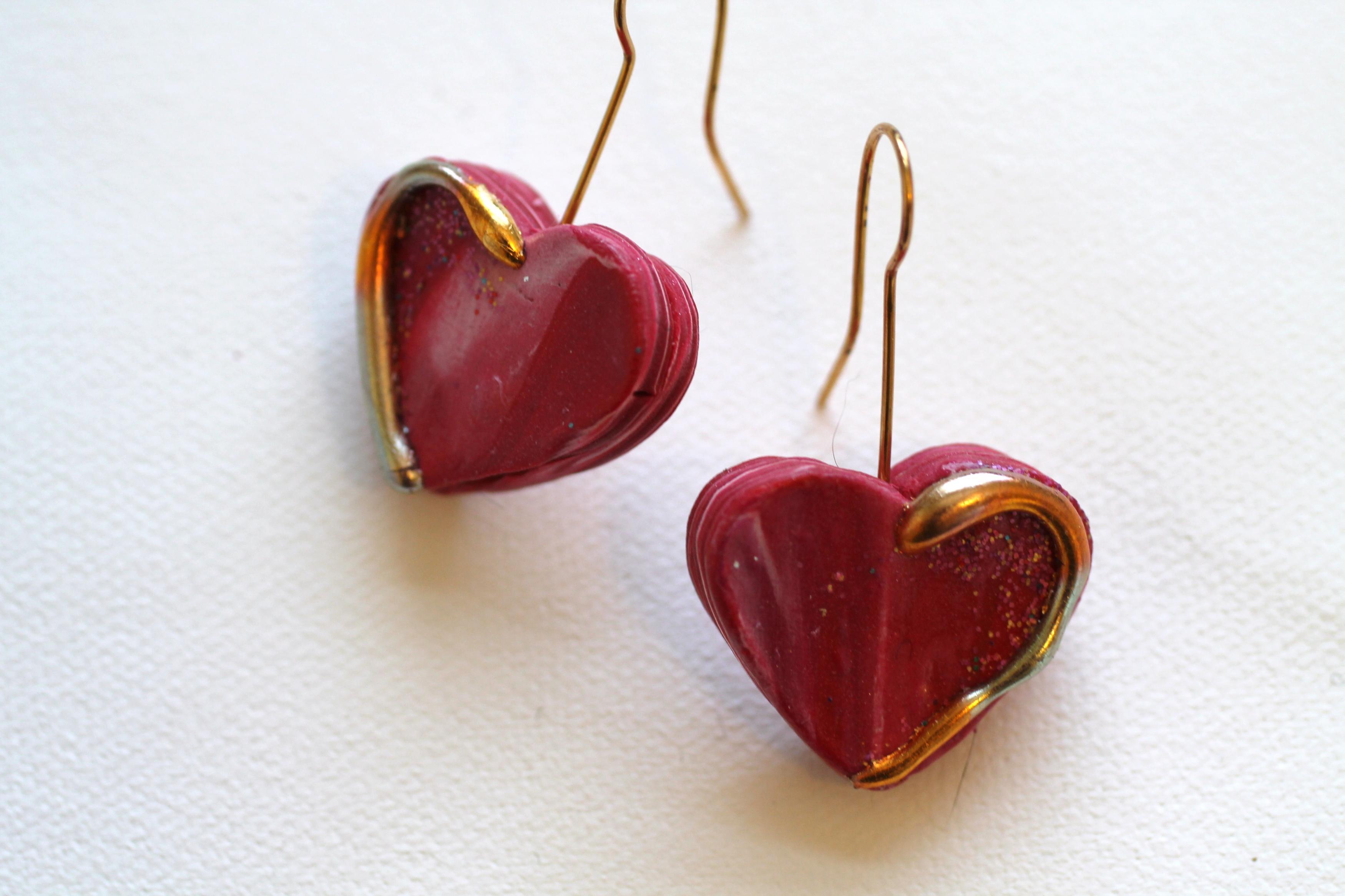 Heart Earrings, Drop Earring, Valentines Day, Pink, Gold Embossed on Luulla